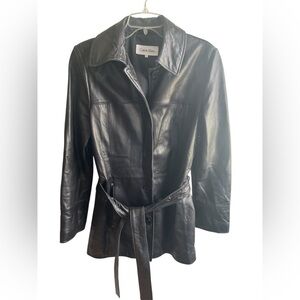 Calvin‎ Klein Women’s 90s/Y2K Black 100% Leather Belted City Jacket Size Small